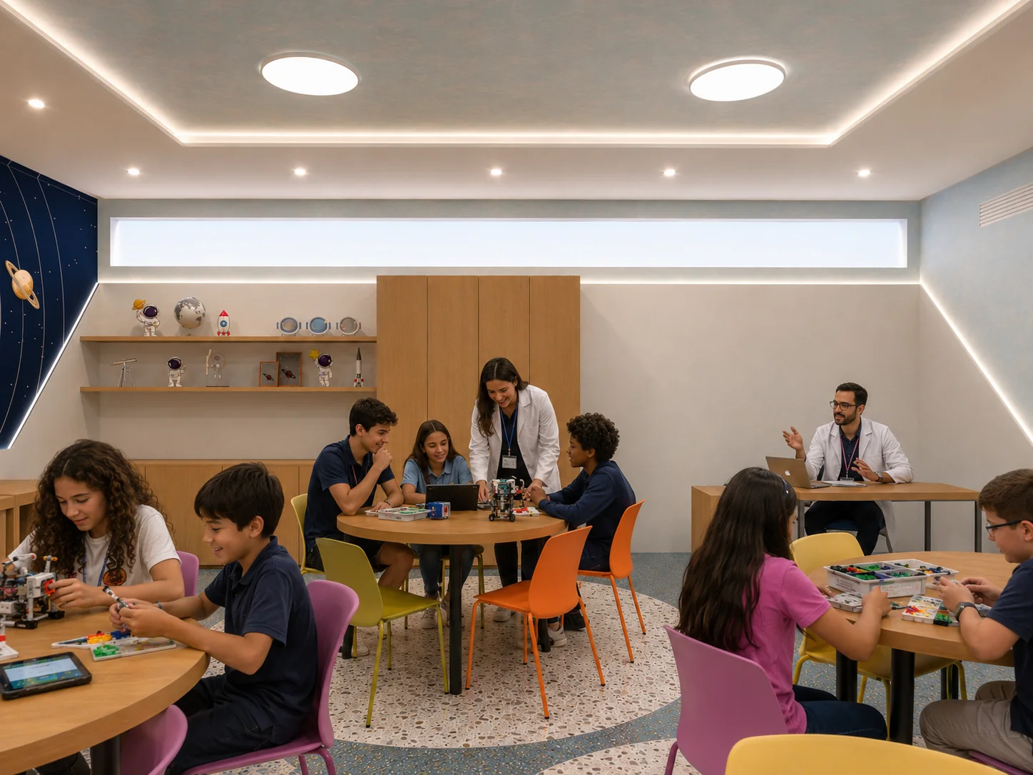 Alunos colaborando em projetos de tecnologia com apoio de profissionais