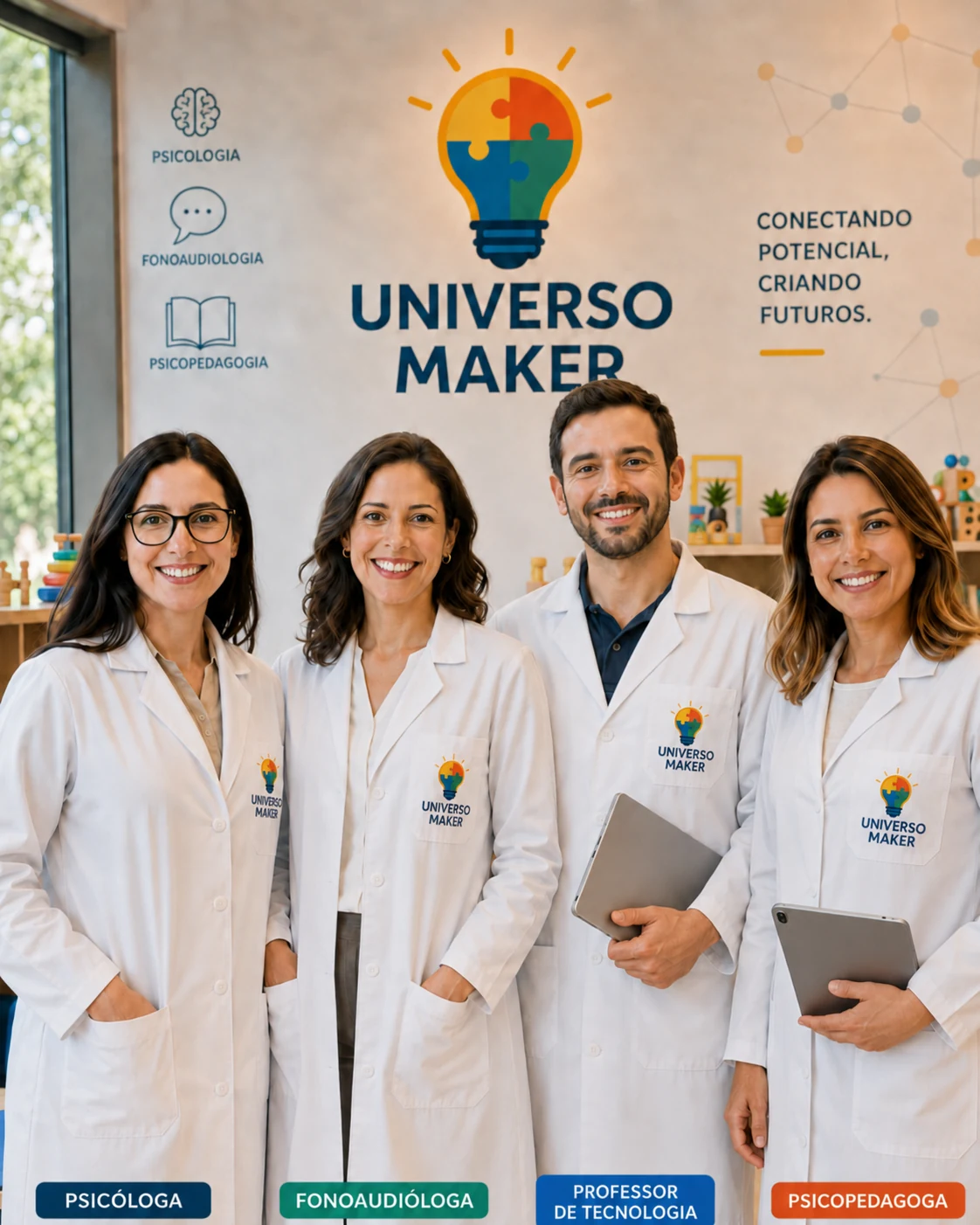 Equipe do Universo Maker composta por psicóloga, fonoaudióloga, professor de tecnologia e psicopedagoga