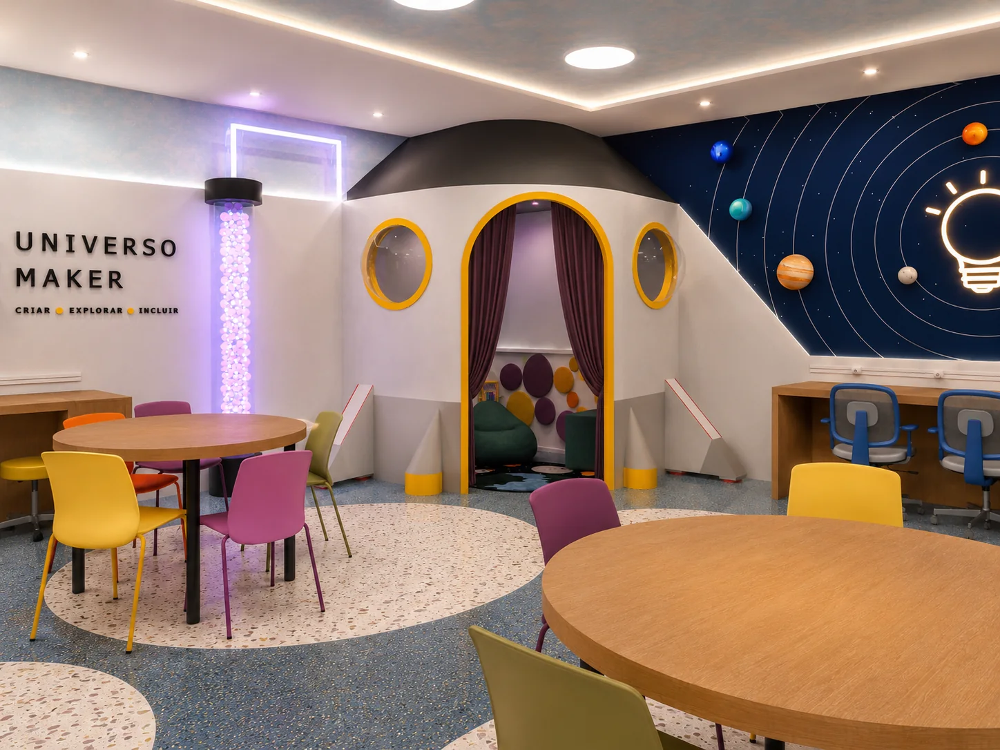 Vista ampla da sala com área de regulação sensorial